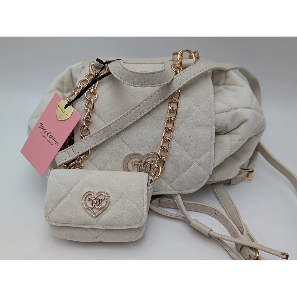Juicy Couture Backpack‎ Women Small Cream Quilted Velvet Heart Logo Pouch NWT